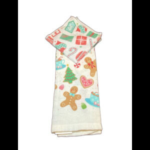 Christmas/ Kitchen Towel & Cloth Set/ Single Pack/ White with Cookie Pattern
